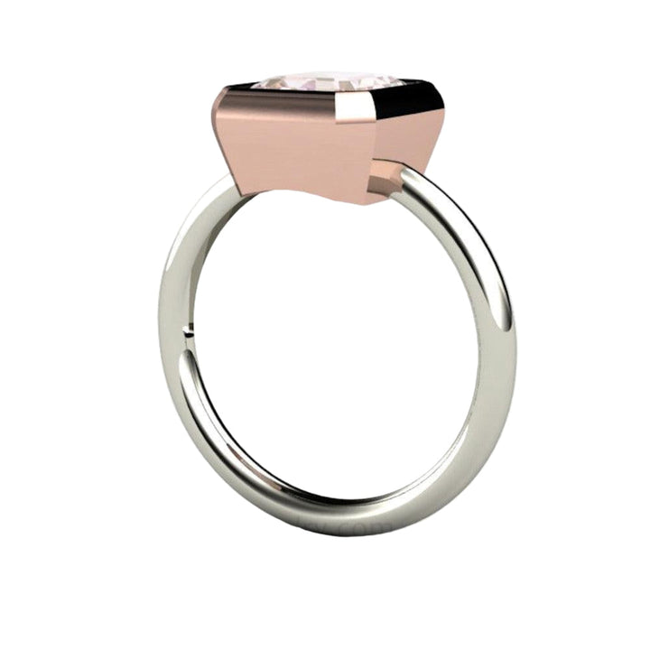 Emerald Cut Morganite Engagement Ring | Two-Tone Bezel Set Solitaire, Rare Earth Jewelry