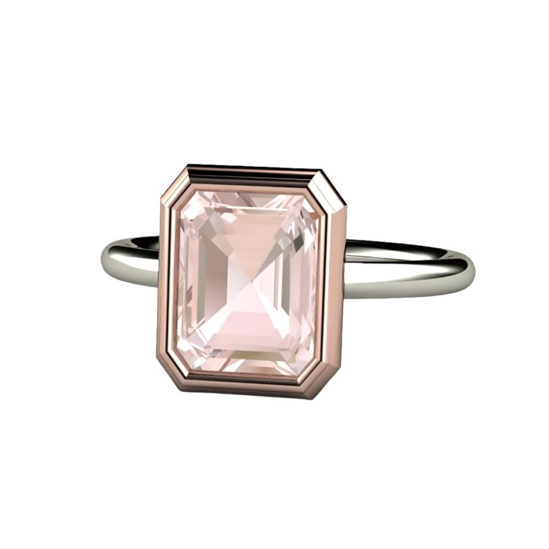 Emerald Cut Morganite Engagement Ring | Two-Tone Bezel Set Solitaire, Rare Earth Jewelry