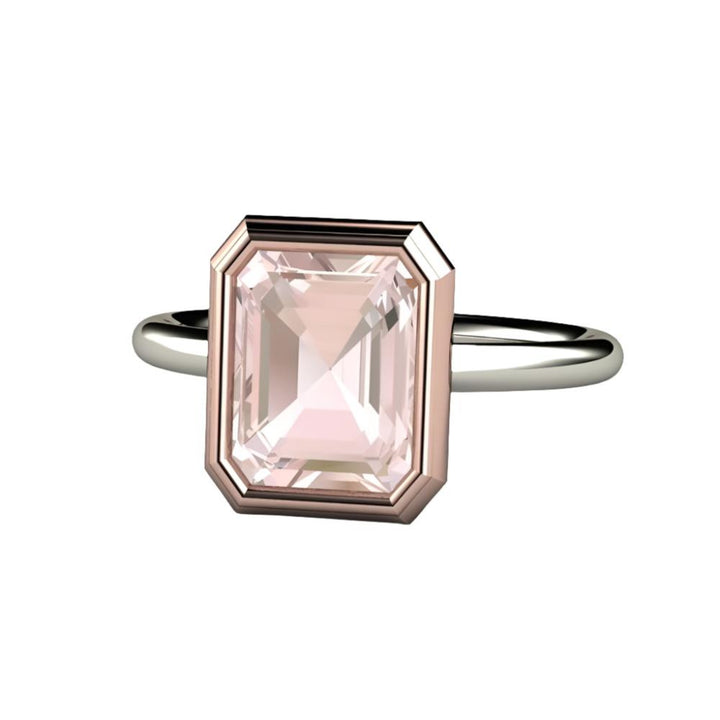 Emerald Cut Morganite Engagement Ring | Two-Tone Bezel Set Solitaire, Rare Earth Jewelry