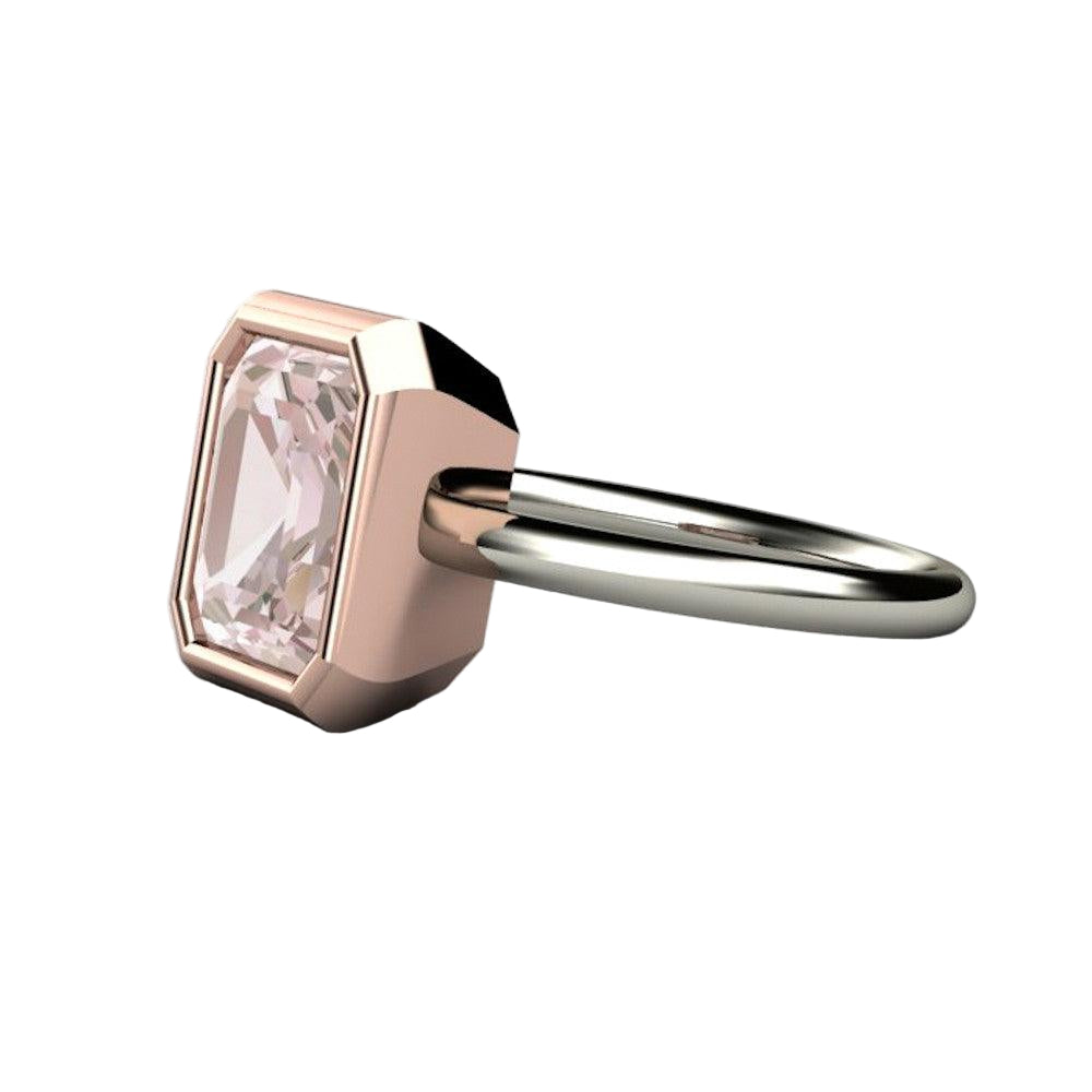 Emerald Cut Morganite Engagement Ring | Two-Tone Bezel Set Solitaire, Rare Earth Jewelry