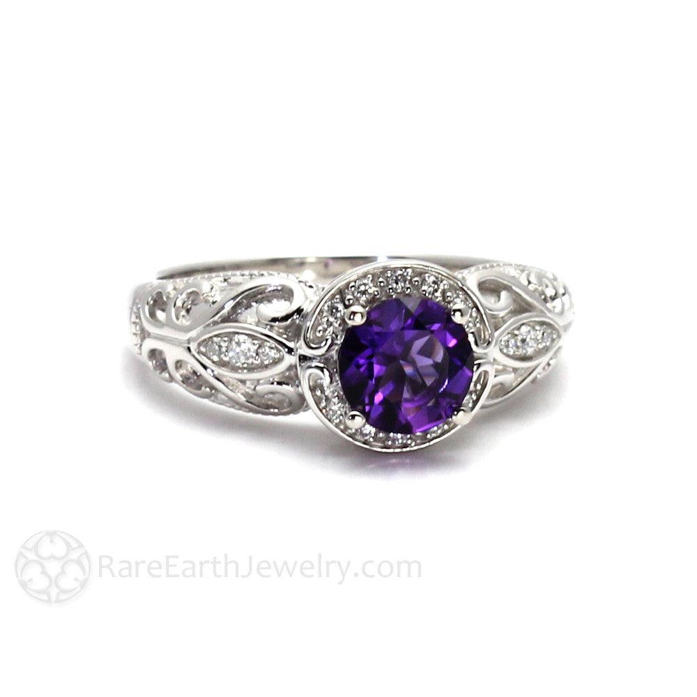 Vintage Amethyst Ring Art Deco Diamond Halo February Birthstone Rare Earth Jewelry