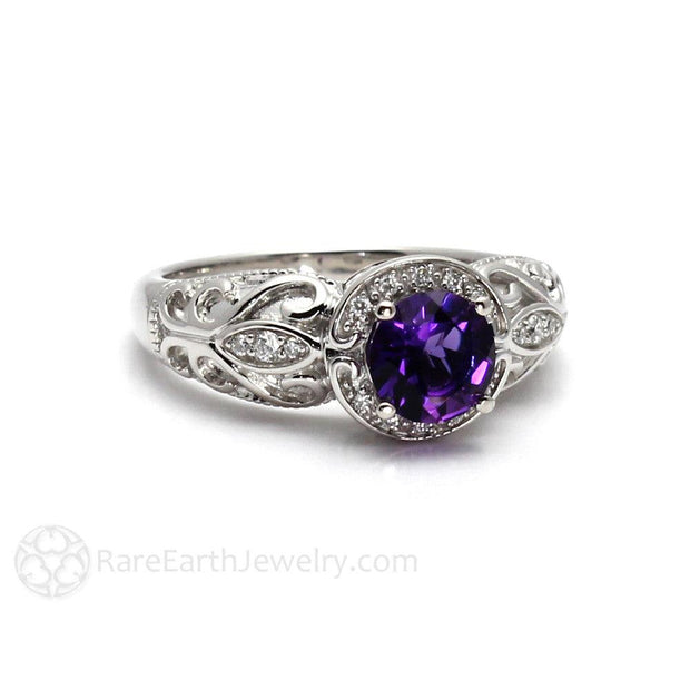 Vintage Amethyst Ring Art Deco Diamond Halo February Birthstone Platinum - Rare Earth Jewelry