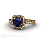 Vintage Art Nouveau Cushion Blue Sapphire Engagement Ring with Diamonds 18K Yellow Gold - Rare Earth Jewelry
