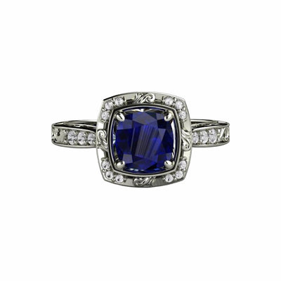 Vintage Art Deco Style Blue Sapphire Engagement Ring with a Cushion cut Sapphire and Diamonds in Gold or Platinum from Rare Earth Jewelry.