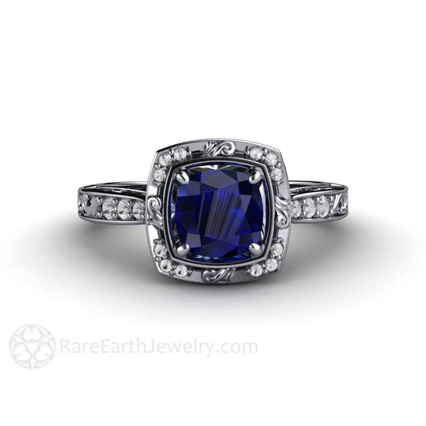 Vintage Art Nouveau Cushion Blue Sapphire Engagement Ring with Diamonds Platinum - Rare Earth Jewelry
