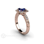 Vintage Art Nouveau Cushion Blue Sapphire Engagement Ring with Diamonds 14K Rose Gold - Rare Earth Jewelry