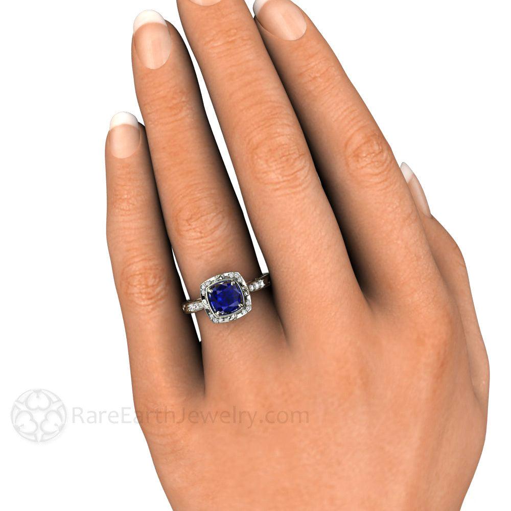 Vintage Art Deco Blue Sapphire Cushion Engagement Ring with Diamonds - Rare Earth Jewelry