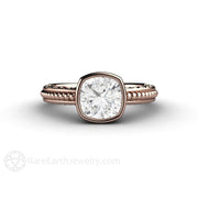Vintage Bezel Set Moissanite Engagement Ring Cushion Cut Solitaire 18K Rose Gold - Rare Earth Jewelry