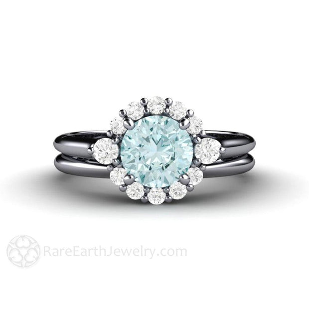 Vintage Blue Moissanite Engagement Ring Diamond Cluster with Filigree Platinum - Wedding Set - Rare Earth Jewelry