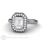 Vintage Emerald Cut Moissanite Engagement Ring with Diamond Halo and Filigree Platinum - Engagement Only - Rare Earth Jewelry