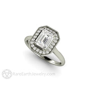 Vintage Emerald Cut Moissanite Engagement Ring with Diamond Halo and Filigree 18K White Gold - Engagement Only - Rare Earth Jewelry