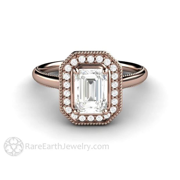 Vintage Emerald Cut Moissanite Engagement Ring with Diamond Halo and Filigree 14K Rose Gold - Engagement Only - Rare Earth Jewelry