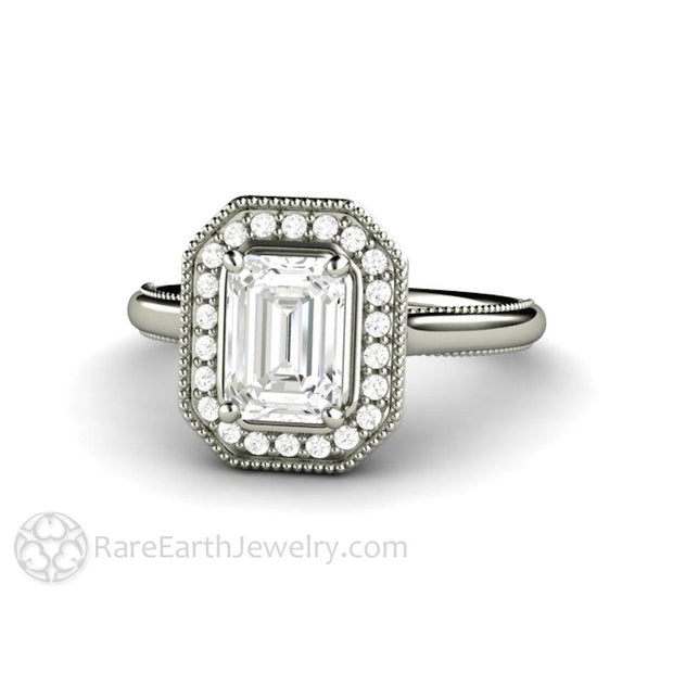 Vintage Emerald Cut Moissanite Engagement Ring with Diamond Halo and Filigree 18K White Gold - Engagement Only - Rare Earth Jewelry