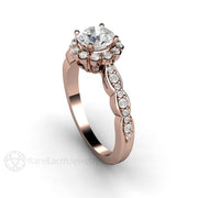 Vintage Halo Moissanite Engagement Ring with Diamonds 18K Rose Gold - Rare Earth Jewelry