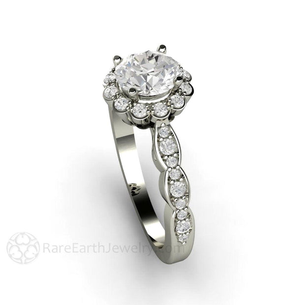 Vintage Halo Moissanite Engagement Ring with Diamonds 18K White Gold - Rare Earth Jewelry