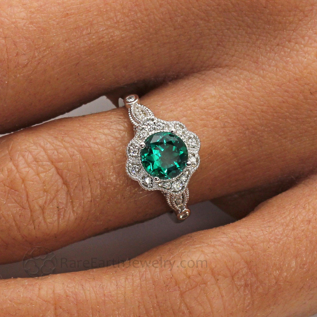 Vintage Inspired Green Emerald Engagement Ring Art Deco Ornate Halo - Rare Earth Jewelry