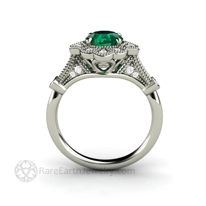 Vintage Inspired Green Emerald Engagement Ring Art Deco Ornate Halo - Rare Earth Jewelry