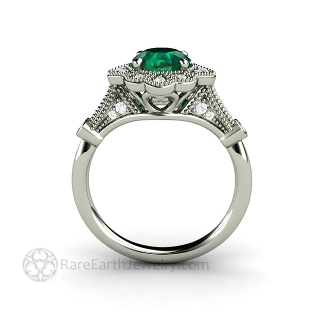 Vintage Inspired Green Emerald Engagement Ring Art Deco Ornate Halo 18K White Gold - Engagement Only - Rare Earth Jewelry