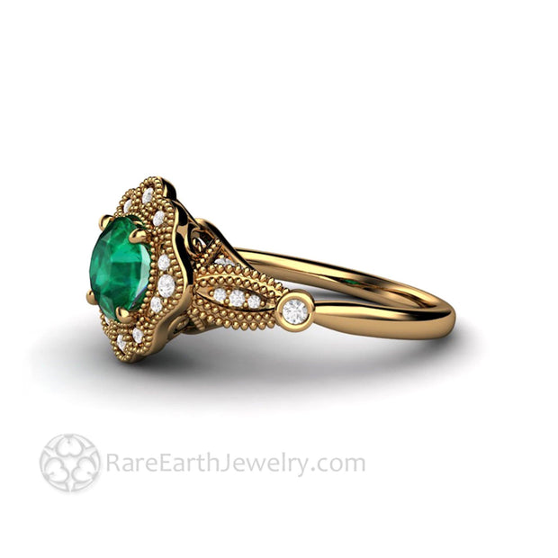 Vintage Inspired Green Emerald Engagement Ring Art Deco Ornate Halo 18K Yellow Gold - Engagement Only - Rare Earth Jewelry