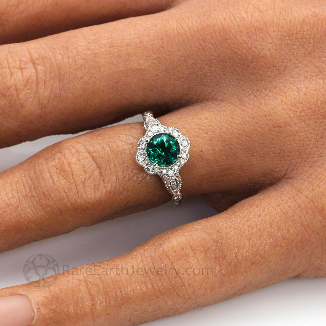 Vintage Inspired Green Emerald Engagement Ring Art Deco Ornate Halo - Rare Earth Jewelry