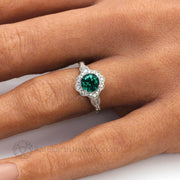 Vintage Inspired Green Emerald Engagement Ring Art Deco Ornate Halo 14K White Gold - Wedding Set - Rare Earth Jewelry