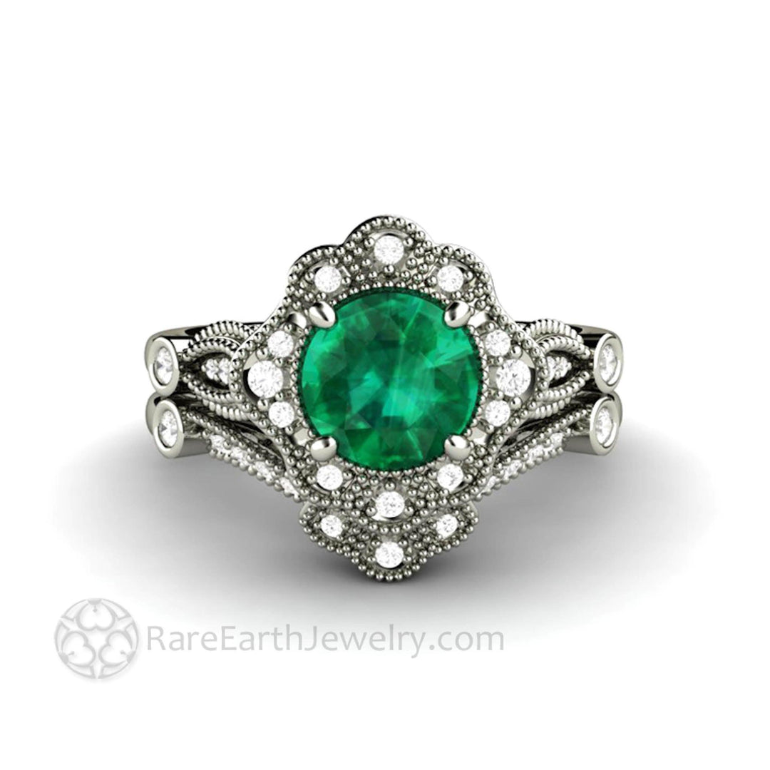 Vintage Inspired Green Emerald Engagement Ring Art Deco Ornate Halo - Rare Earth Jewelry