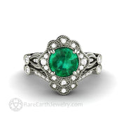 Vintage Inspired Green Emerald Engagement Ring Art Deco Ornate Halo 14K White Gold - Wedding Set - Rare Earth Jewelry