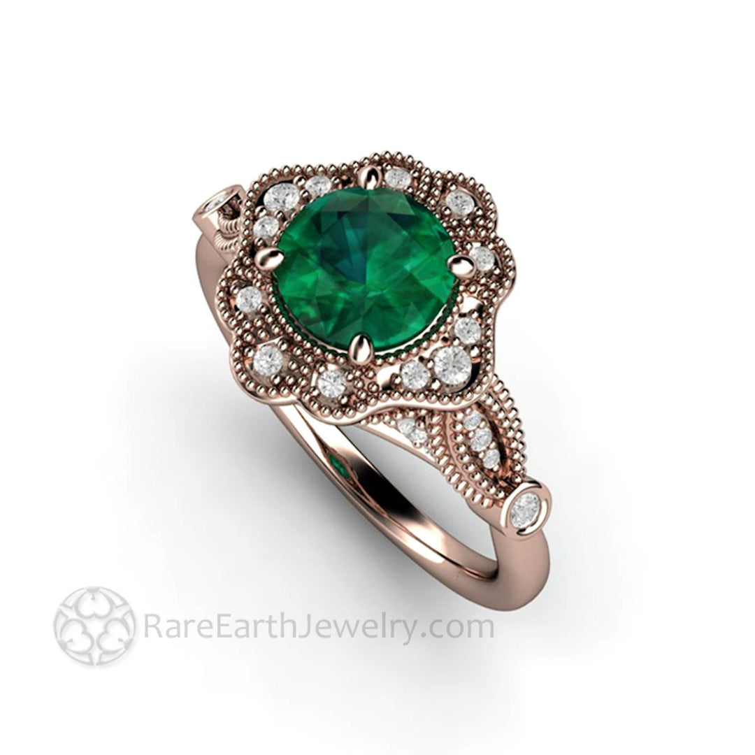 Vintage Inspired Green Emerald Engagement Ring Art Deco Ornate Halo - Rare Earth Jewelry