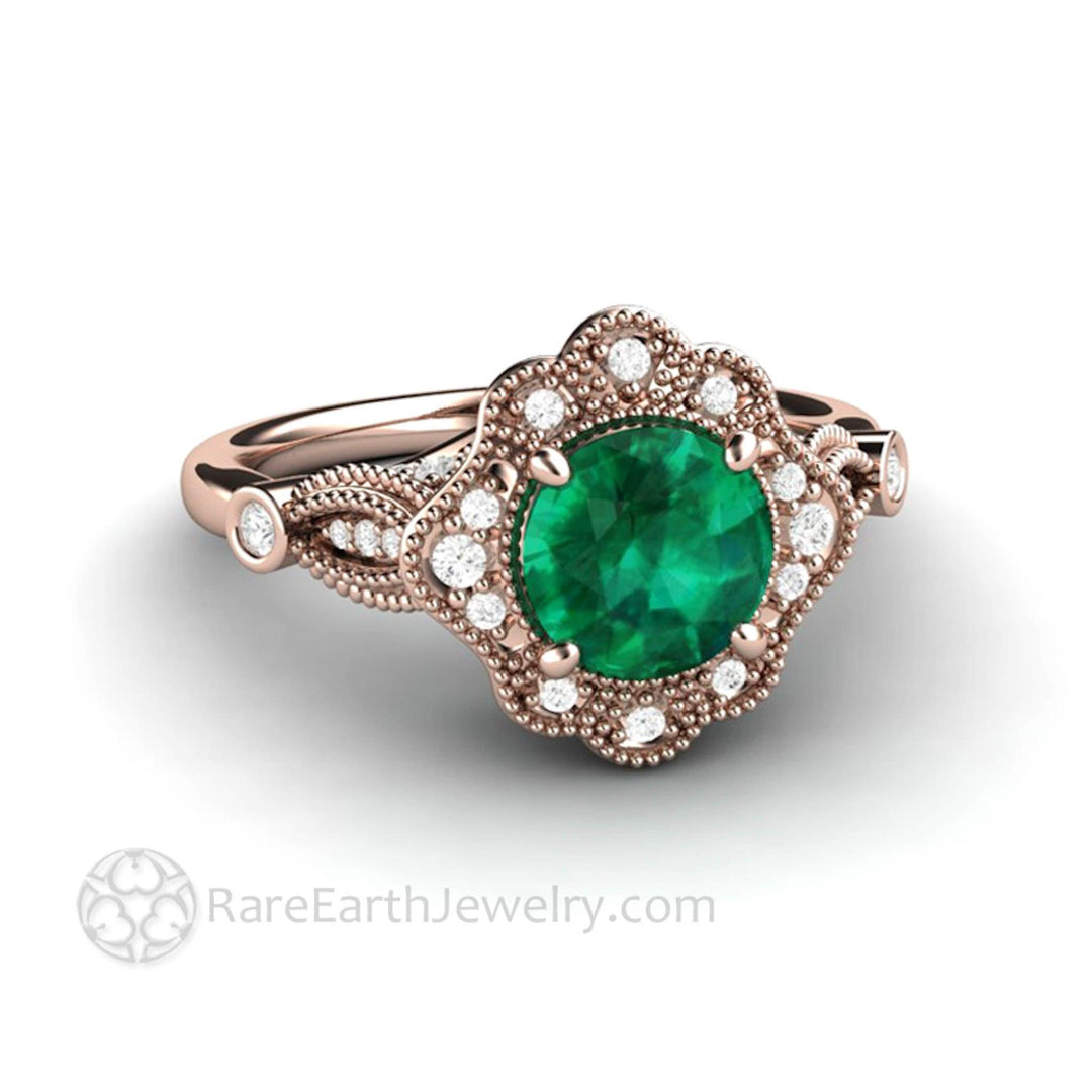 Vintage Inspired Green Emerald Engagement Ring Art Deco Ornate Halo - Rare Earth Jewelry