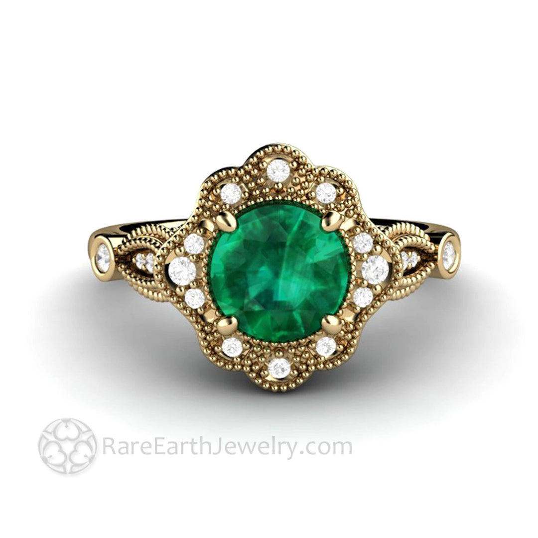 Vintage Inspired Green Emerald Engagement Ring Art Deco Ornate Halo - Rare Earth Jewelry