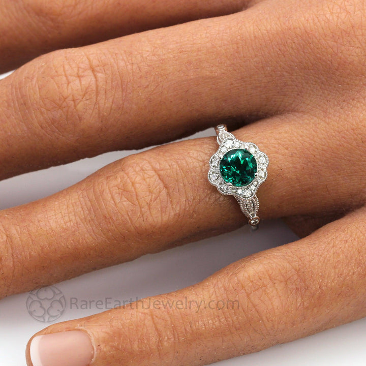 Vintage Inspired Green Emerald Engagement Ring Art Deco Ornate Halo - Rare Earth Jewelry