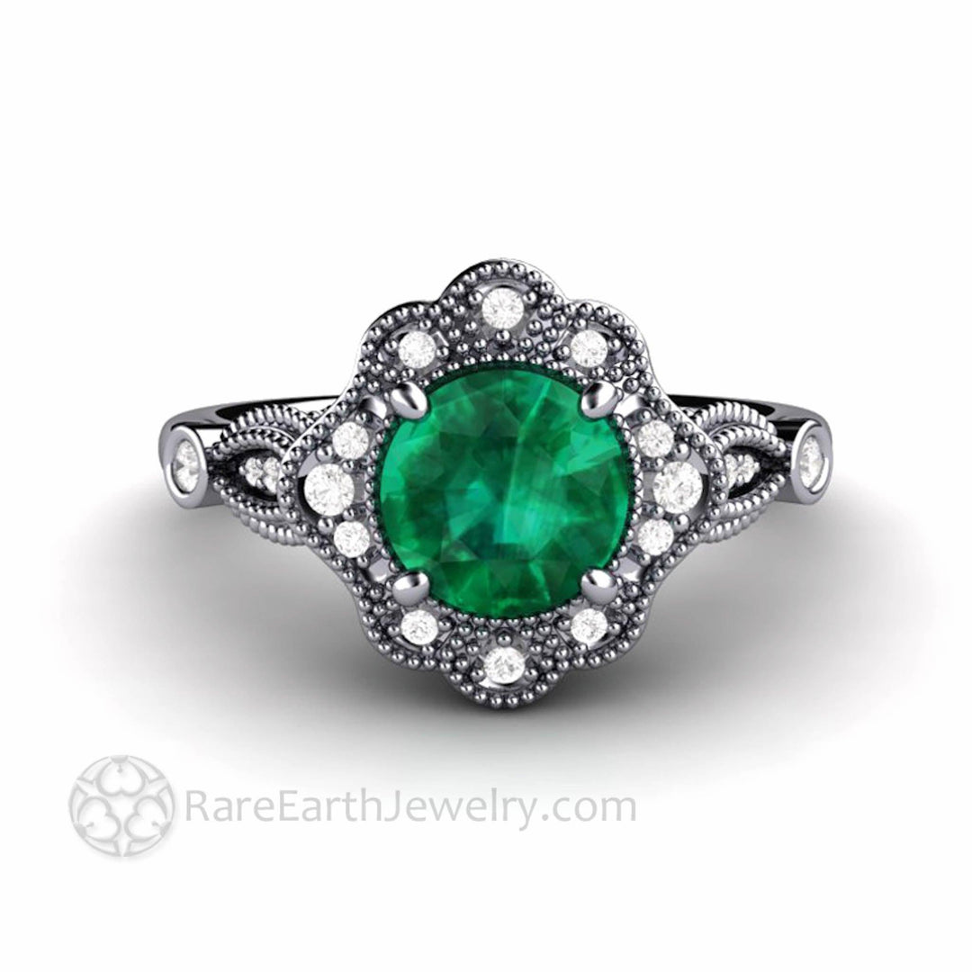 Vintage Inspired Green Emerald Engagement Ring Art Deco Ornate Halo - Rare Earth Jewelry