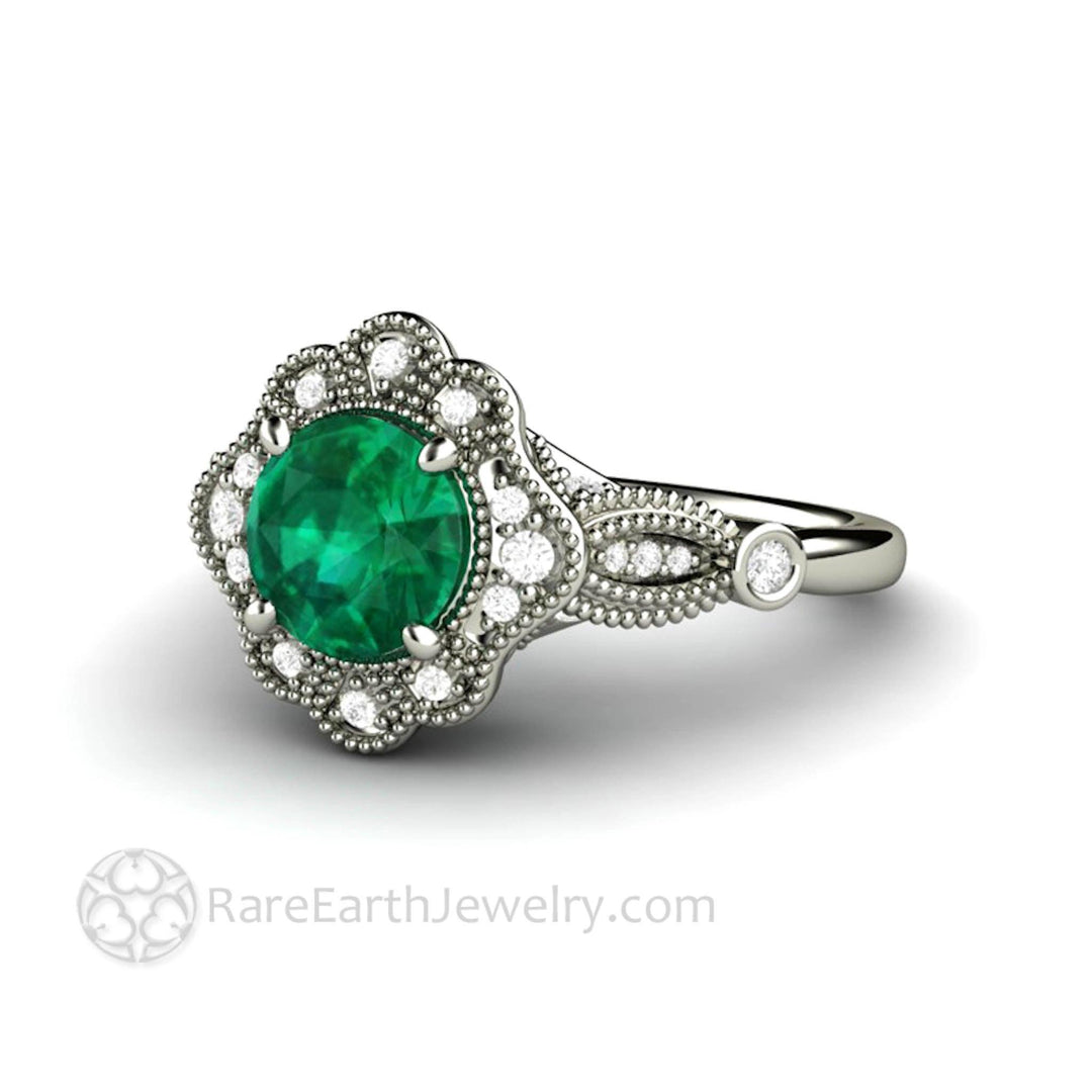 Vintage Inspired Green Emerald Engagement Ring Art Deco Ornate Halo - Rare Earth Jewelry