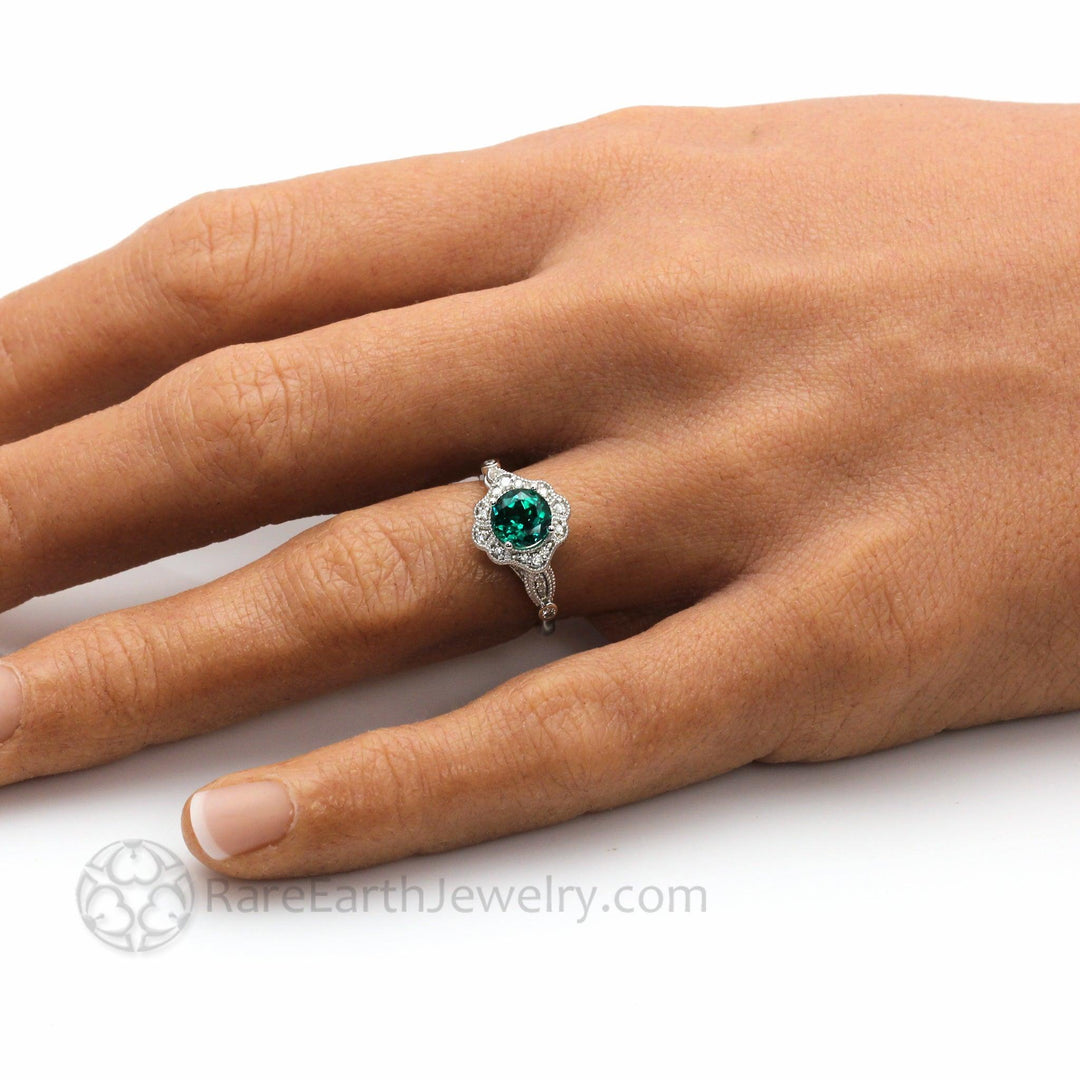 Vintage Inspired Green Emerald Engagement Ring Art Deco Ornate Halo - Rare Earth Jewelry