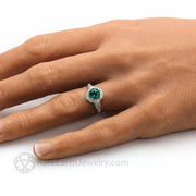 Vintage Inspired Green Emerald Engagement Ring Art Deco Ornate Halo 14K White Gold - Engagement Only - Rare Earth Jewelry