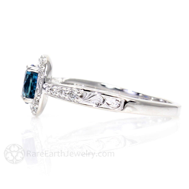 Vintage Inspired London Blue Topaz Ring with Diamonds and Filigree 14K White Gold - Rare Earth Jewelry