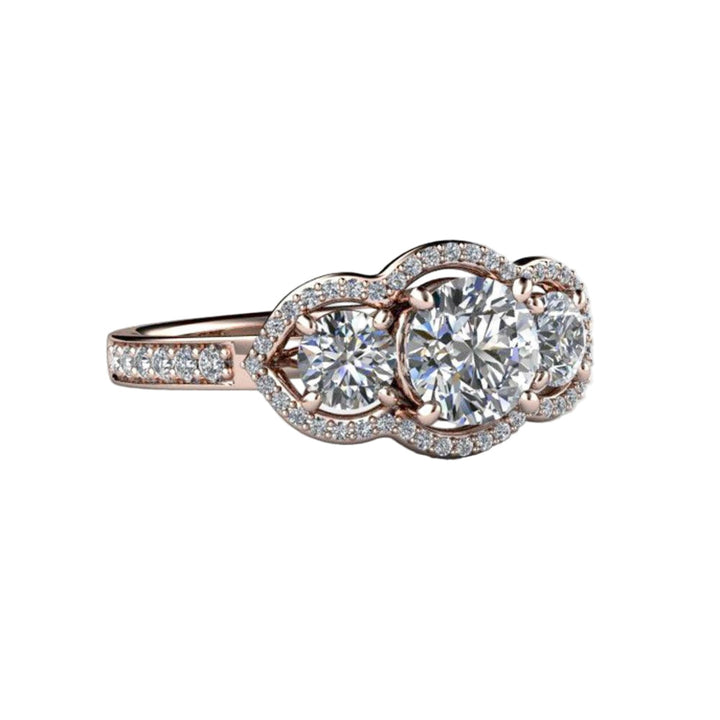 Side View of Vintage Style Moissanite Engagement Ring with 3  Stone Halo Design and Pavé Diamonds | Rare Earth Jewelry