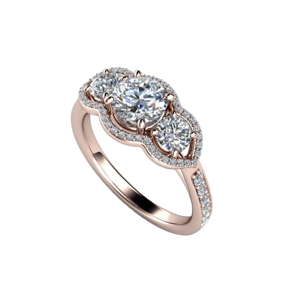 Vintage Moissanite Engagement Ring in Rose Gold, Side and Top View of Diamond Halo Three Stone Setting with Diamond Accents | Rare Earth Jewelry