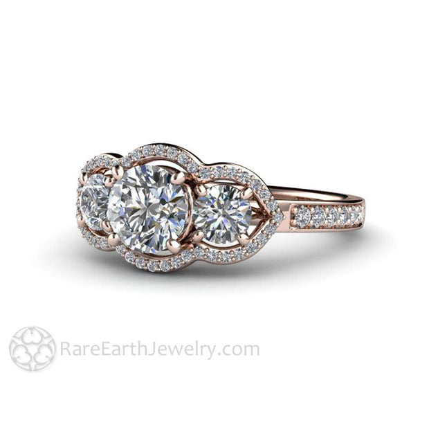 Vintage Inspired Moissanite Engagement Ring Three Stone Diamond Halo 18K Rose Gold - Rare Earth Jewelry