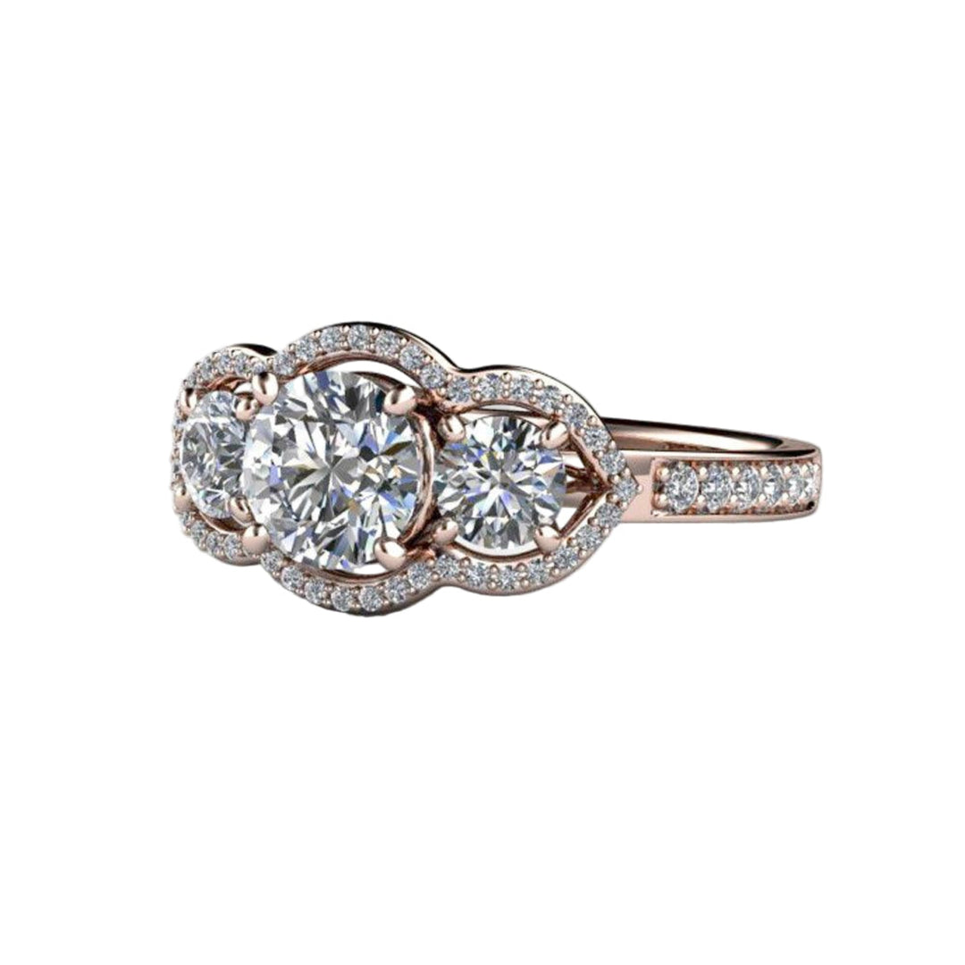 Side View of Vintage Style Moissanite Engagement Ring with Three Stone Halo Design and Pavé Diamonds | Rare Earth Jewelry
