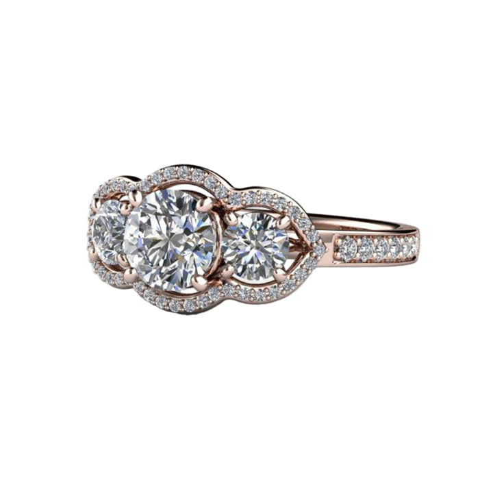 Side View of Vintage Style Moissanite Engagement Ring with Three Stone Halo Design and Pavé Diamonds | Rare Earth Jewelry
