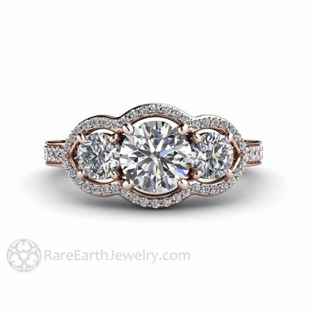 Vintage Inspired Moissanite Engagement Ring Three Stone Diamond Halo 14K Rose Gold - Rare Earth Jewelry