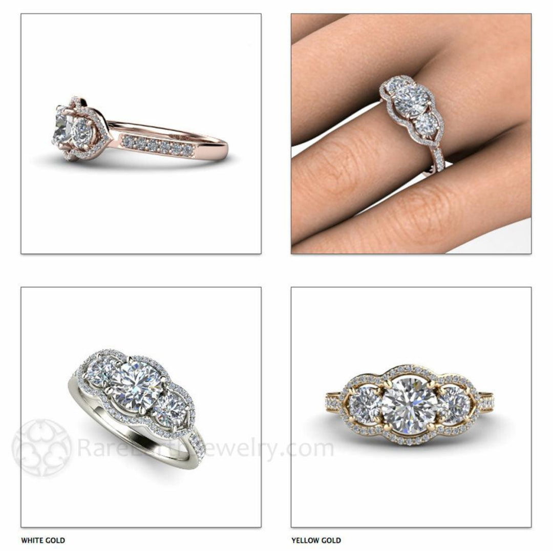 Vintage Inspired Moissanite Engagement Ring Three Stone Diamond Halo, Rare Earth Jewelry