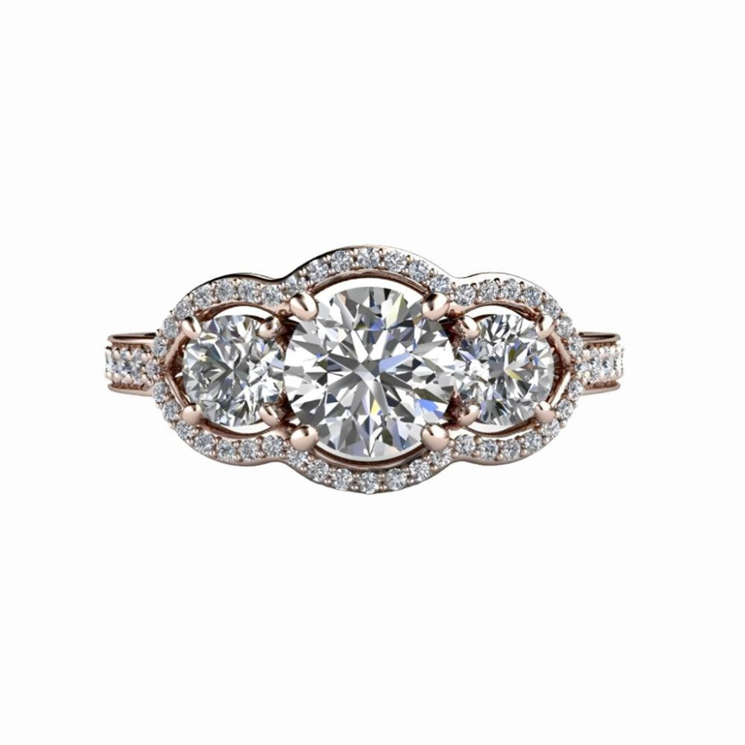 Three Stone Moissanite Engagement Ring with Diamond Halo in Rose Gold, Vintage Inspired Design | Rare Earth Jewelry