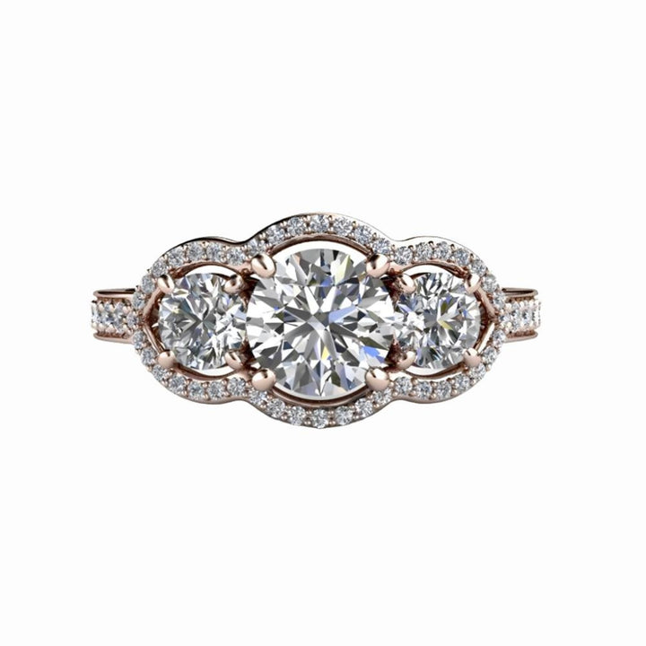 Three Stone Moissanite Engagement Ring with Diamond Halo in Rose Gold, Vintage Inspired Design | Rare Earth Jewelry