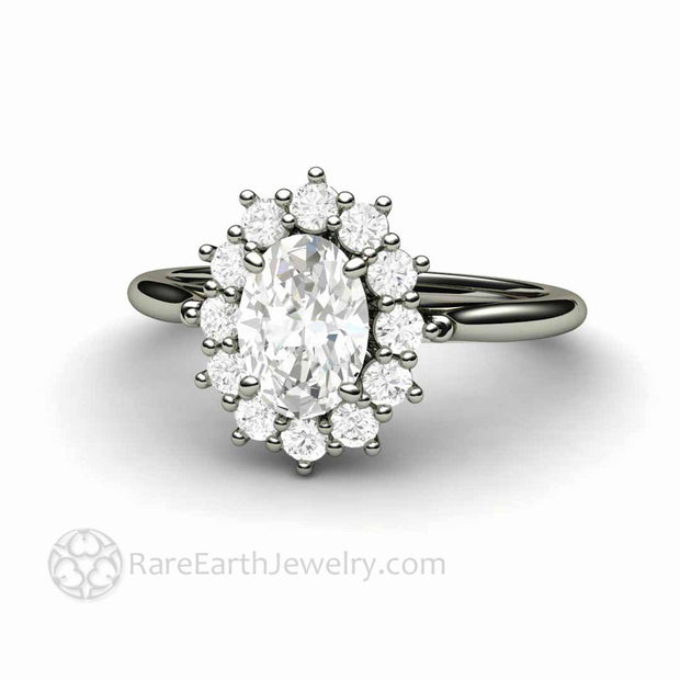 Vintage Inspired Oval Moissanite Engagement Ring Cluster Halo Design 14K White Gold - Rare Earth Jewelry