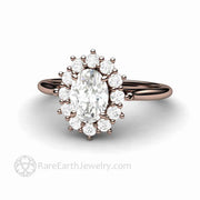 Vintage Inspired Oval Moissanite Engagement Ring Cluster Halo Design 14K Rose Gold - Rare Earth Jewelry