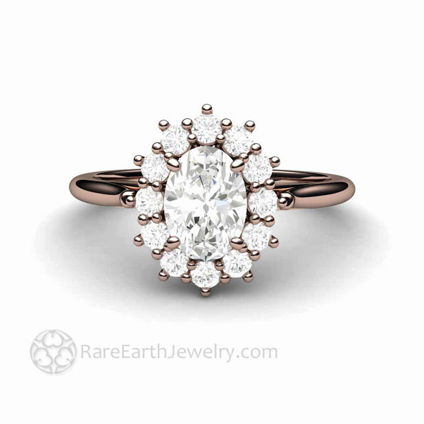 Vintage Inspired Oval Moissanite Engagement Ring Cluster Halo Design 14K Rose Gold - Rare Earth Jewelry