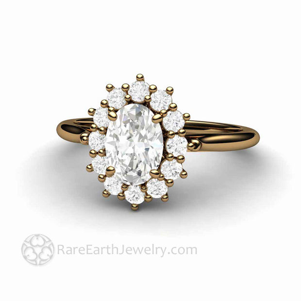 Vintage Inspired Oval Moissanite Engagement Ring Cluster Halo Design 18K Yellow Gold - Rare Earth Jewelry