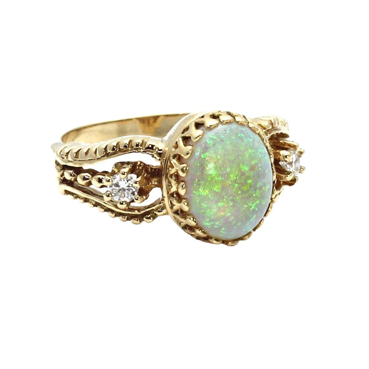 Vintage Inspired Opal Ring with Oval Natural White Opal Cabochon in a Gold Crown Design with Diamonds from Rare Earth Jewelry.